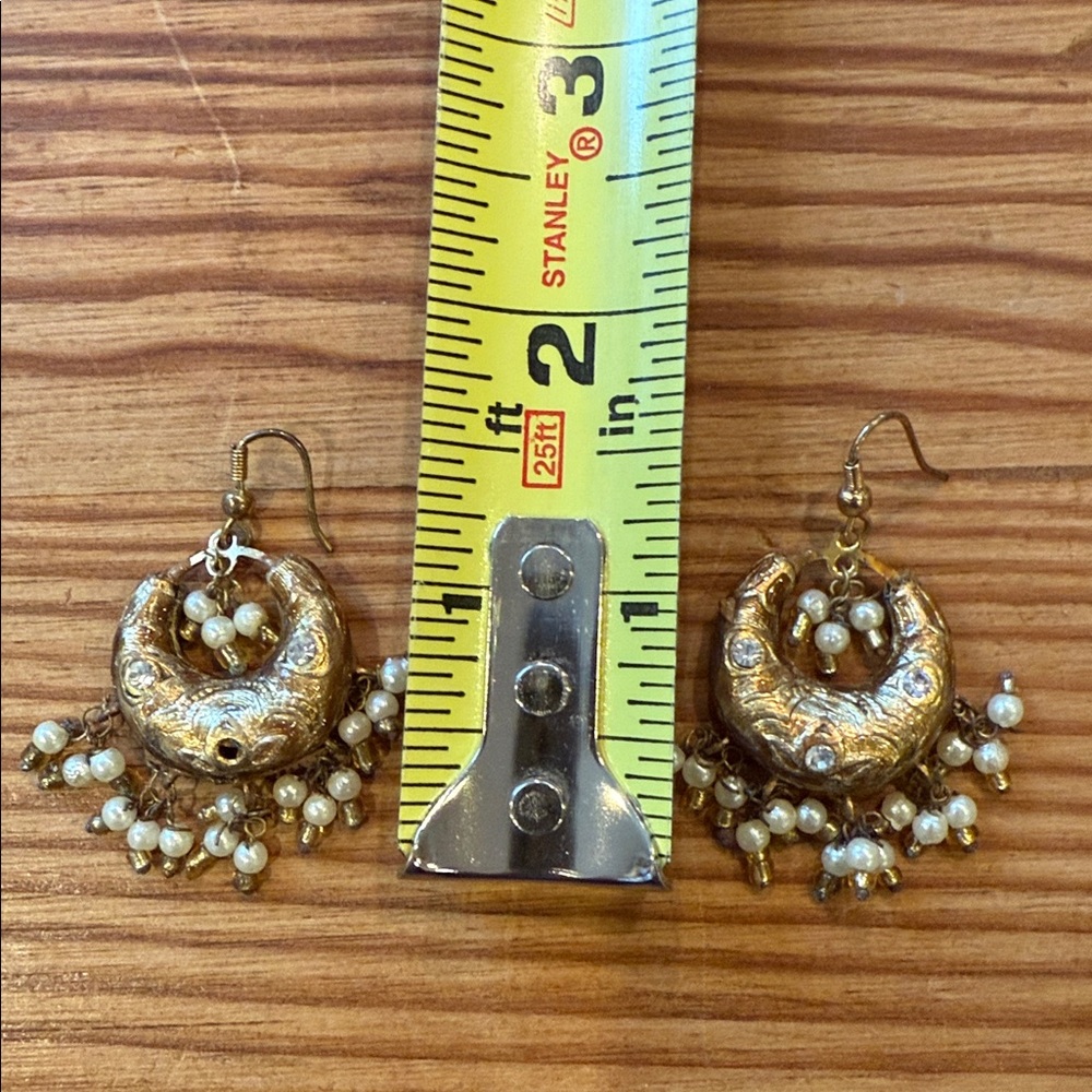 Victorian Style Gold Embossed Hoops w/ Dangling Seed Pearls - Picture 4 of 4